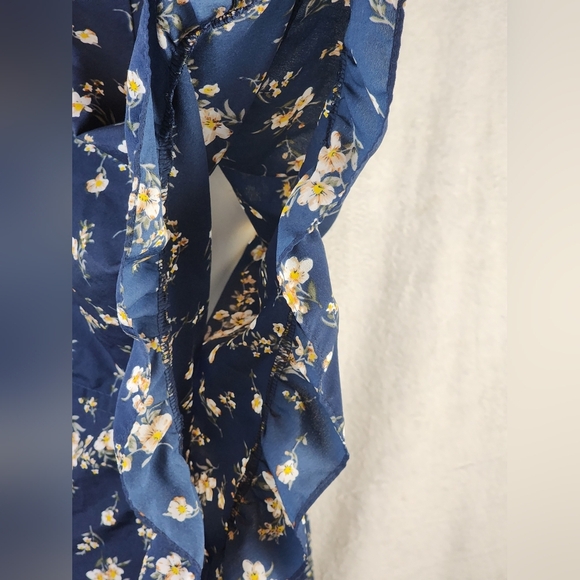 Floral Ruffle Kimono Cardigan Navy Yellow Open Front Sheer Size S/M - Picture 6 of 8